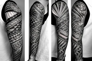 Create a forearm with black and white hawaii themed patchwork tattoos including mountains and sharks tattoo idea