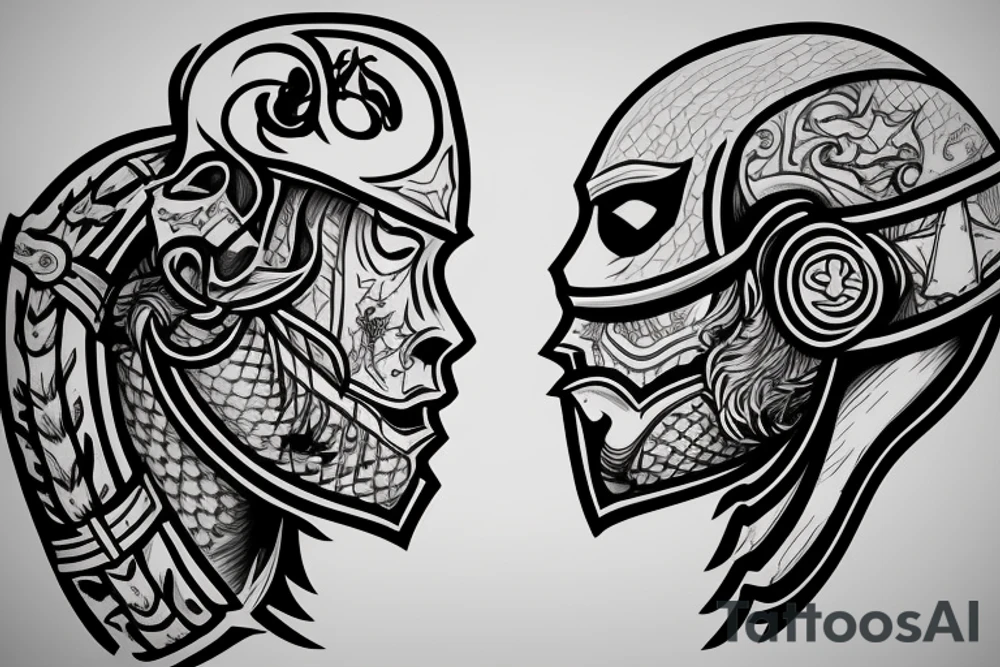 Two fine line knights facing each other tattoo idea