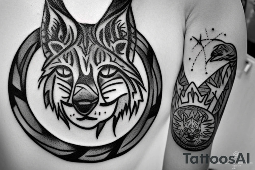 The tattoo on the shoulder, be sure to contain a lynx, but not a very large one, around it should be a circle that looks like a hoop decorated unusually, and behind the circle can be lightning bolts. Tattoo must be done in anime style tattoo idea