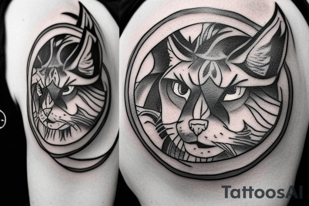 The tattoo on the shoulder, be sure to contain a lynx, but not a very large one, around it should be a circle that looks like a hoop decorated unusually, and behind the circle can be lightning bolts. Tattoo must be done in anime style tattoo idea