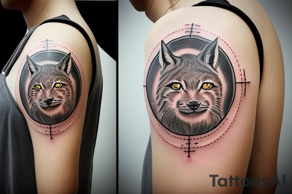 The tattoo on the shoulder, be sure to contain a lynx, but not a very large one, around it should be a circle that looks like a hoop decorated unusually, and behind the circle can be lightning bolts. Tattoo must be done in anime style tattoo idea
