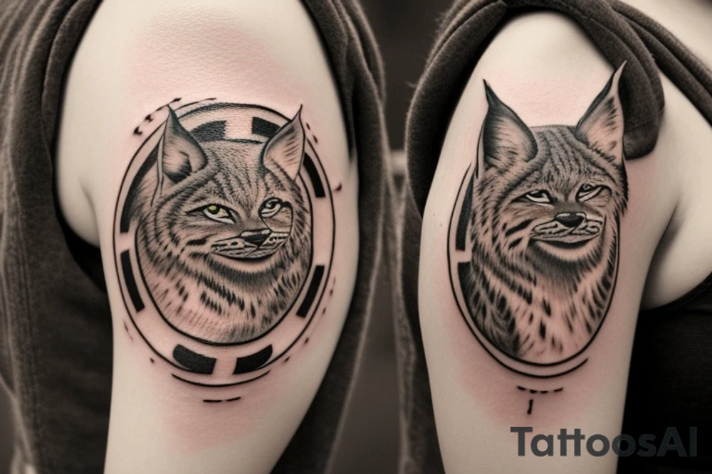 The tattoo on the shoulder, be sure to contain a lynx, but not a very large one, around it should be a circle that looks like a hoop decorated unusually, and behind the circle can be lightning bolts. The tattoo should be done in anime style. The tattoo will be placed on the neck tattoo idea