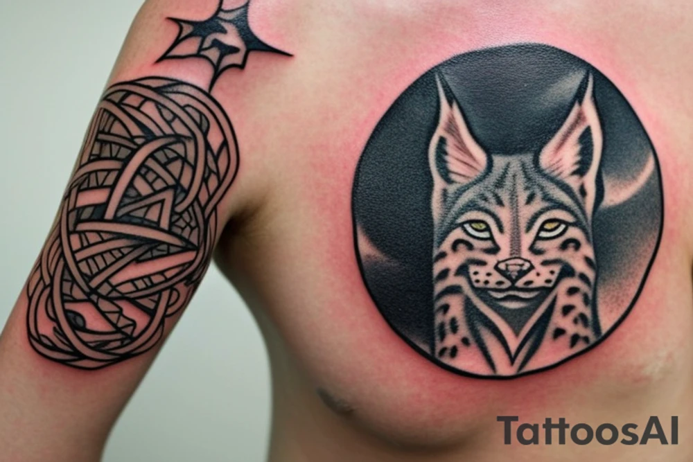 The tattoo on the shoulder, be sure to contain a lynx, but not a very large one, around it should be a circle that looks like a hoop decorated unusually, and behind the circle can be lightning bolts. The tattoo should be done in anime style. The tattoo will be placed on the neck tattoo idea
