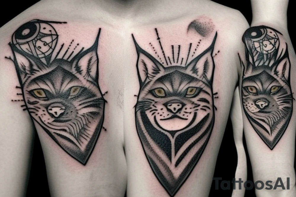 The tattoo on the shoulder, be sure to contain a lynx, but not a very large one, around it should be a circle that looks like a hoop decorated unusually, and behind the circle can be lightning bolts. The tattoo should be done in anime style. The tattoo will be placed on the neck tattoo idea