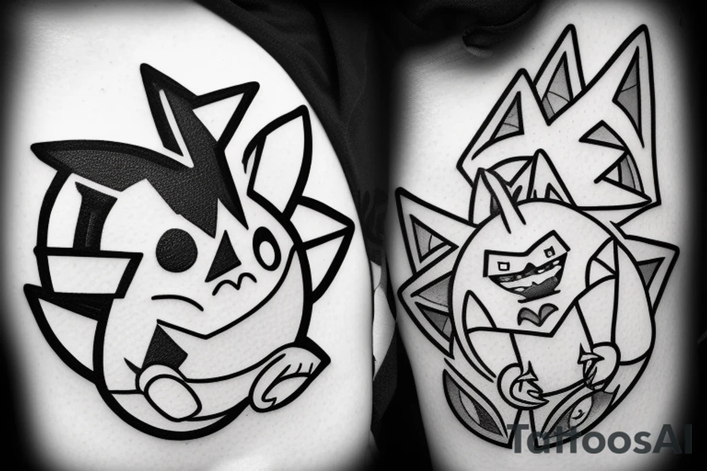 A black and white tattoo with the two Pokemon Gengar and Mankey. On the tattoo should be seen Menki from the front and Gengar under him as his shadow tattoo idea