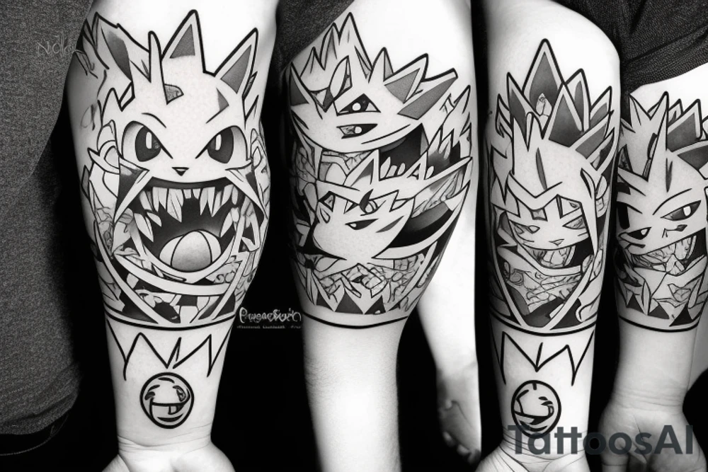 A black and white tattoo with the two Pokemon Gengar and Mankey. On the tattoo should be seen Menki from the front and Gengar under him as his shadow tattoo idea