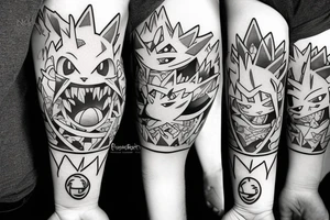 A black and white tattoo with the two Pokemon Gengar and Mankey. On the tattoo should be seen Menki from the front and Gengar under him as his shadow tattoo idea