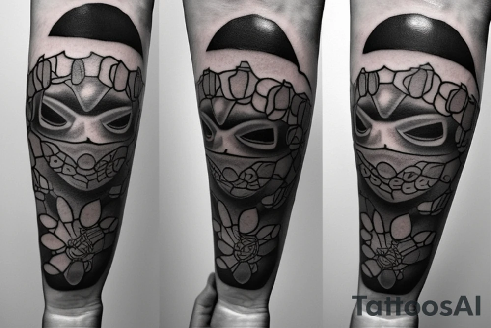 complete Forearm tattoo. Tortoise shell minimalist. only the turtle shell . no tortoise head, legs, arm or tail. the tortoise shields should be filled with tiny pictures of a creditcard, a mask from the movie v as vendetta and cigarettes tattoo idea