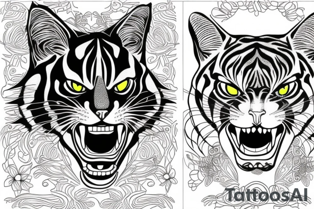 two faces of cats. one black and one with tiger fur. tattoo idea