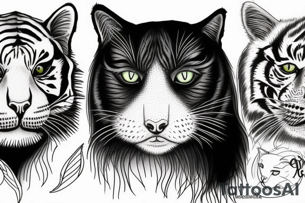 two faces of cats. one black and one with tiger fur. tattoo idea