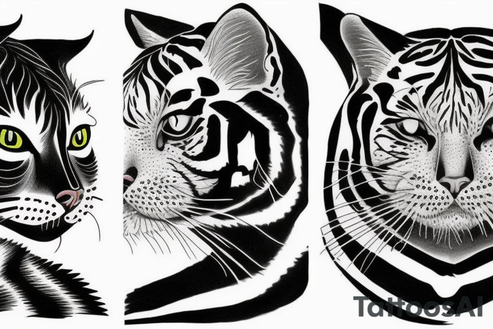 two faces of cats. one black and one with tiger fur. The faces should be arranged symmetrically. Chin to chin. tattoo idea