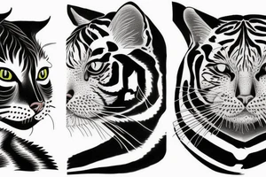 two faces of cats. one black and one with tiger fur. The faces should be arranged symmetrically. Chin to chin. tattoo idea
