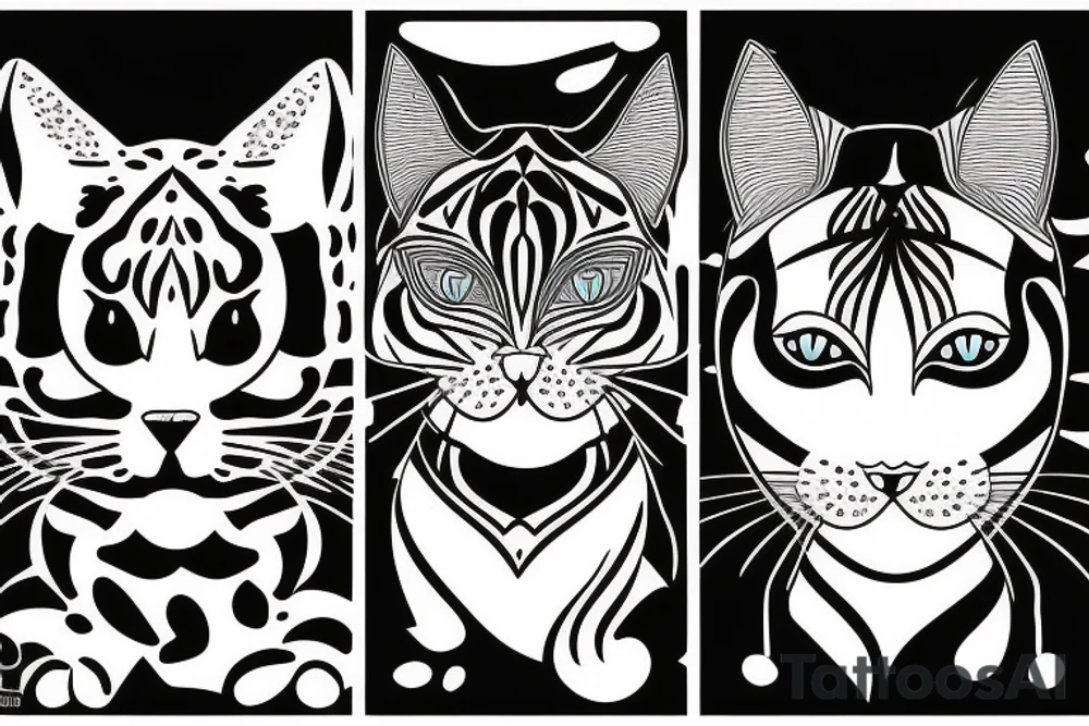 two faces of cats. one black and one with tiger fur. The faces should be arranged symmetrically. Chin to chin. tattoo idea