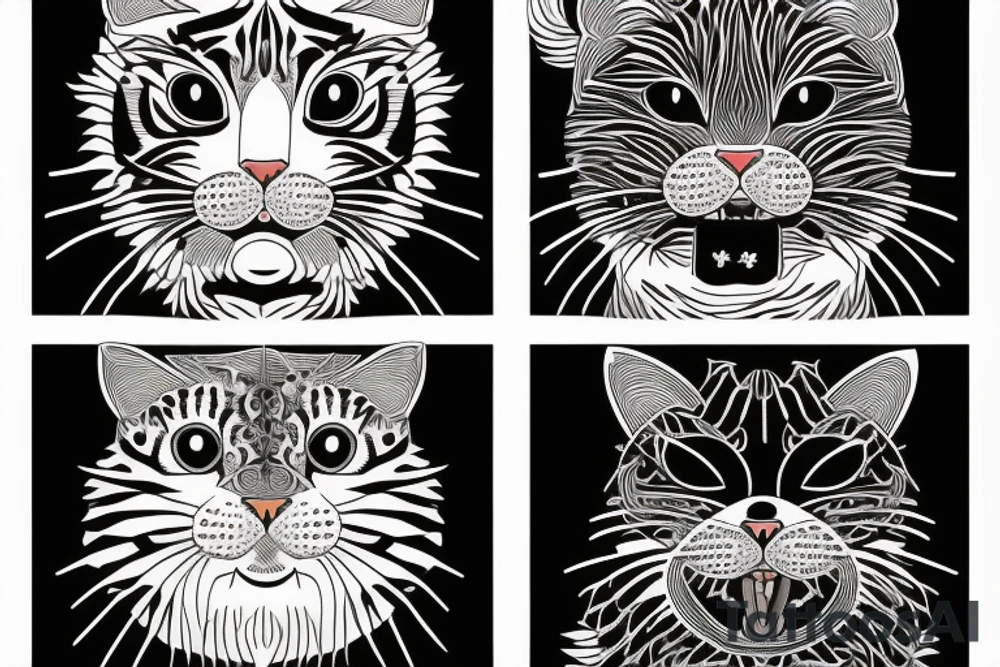 two faces of cats. one black and one with tiger fur. The faces should be arranged symmetrically. Chin to chin. tattoo idea