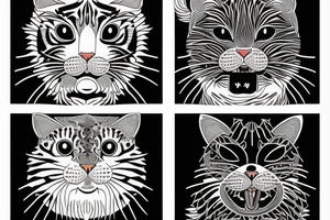 two faces of cats. one black and one with tiger fur. The faces should be arranged symmetrically. Chin to chin. tattoo idea