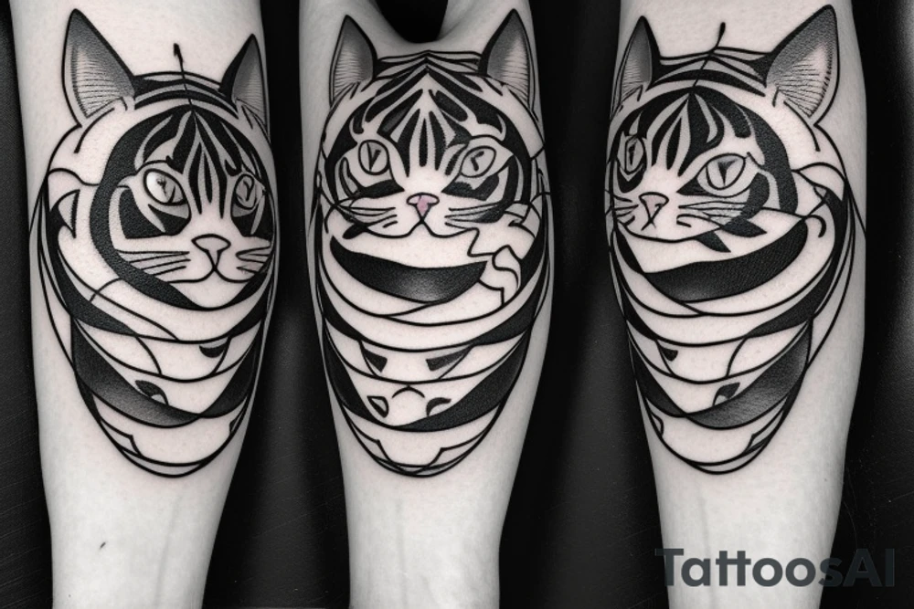 two faces of cats. one black and one with tiger fur. The faces should be arranged symmetrically. Chin to chin. tattoo idea