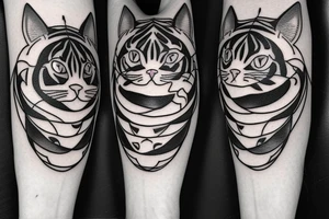 two faces of cats. one black and one with tiger fur. The faces should be arranged symmetrically. Chin to chin. tattoo idea