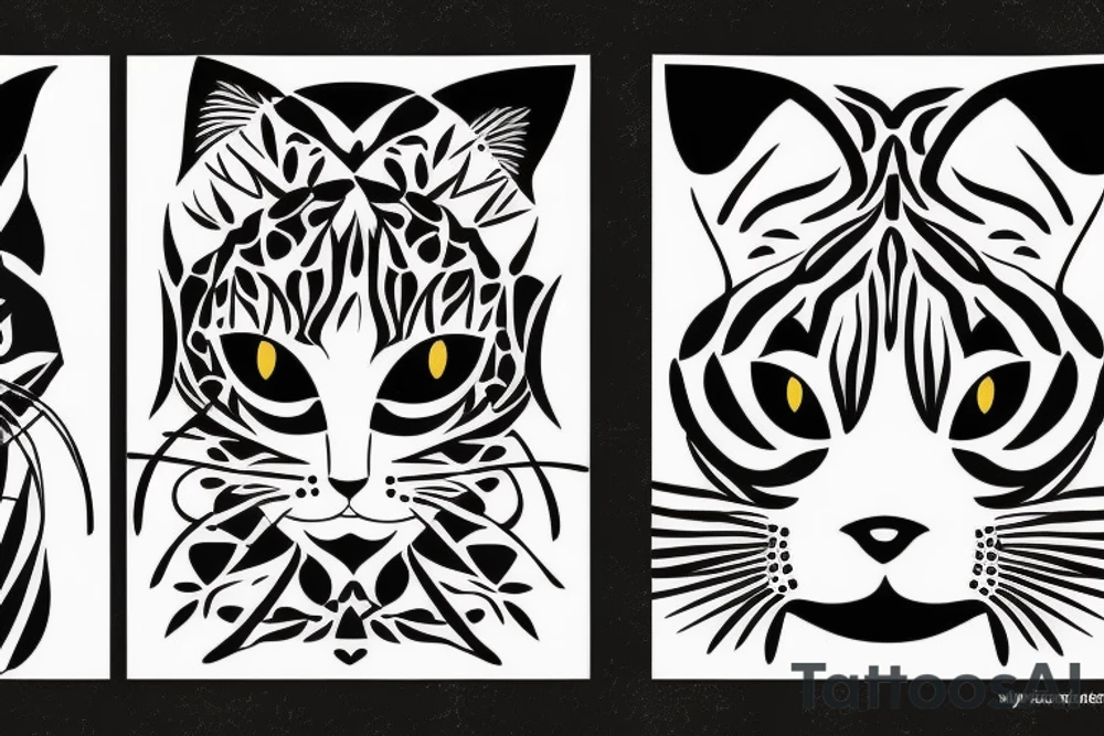 two faces of cats. one black and one with tiger fur. The faces should be arranged symmetrically. tattoo idea