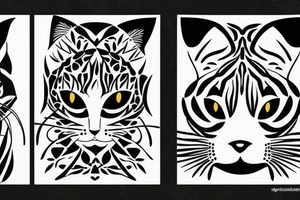 two faces of cats. one black and one with tiger fur. The faces should be arranged symmetrically. tattoo idea