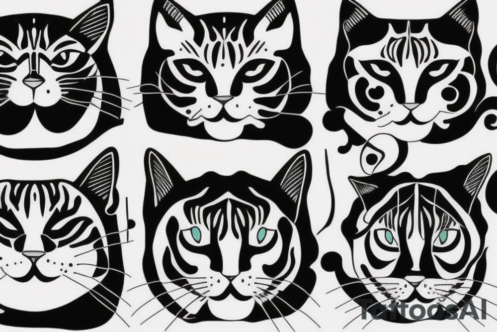 two faces of cats. one black and one with tiger fur. The faces should be arranged symmetrically. tattoo idea
