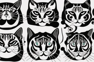 two faces of cats. one black and one with tiger fur. The faces should be arranged symmetrically. tattoo idea