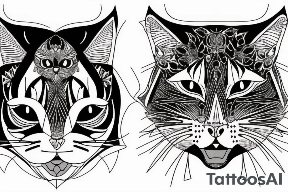 two faces of cats. one black and one with tiger fur. The faces should be arranged symmetrically. tattoo idea