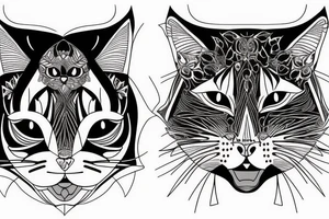 two faces of cats. one black and one with tiger fur. The faces should be arranged symmetrically. tattoo idea