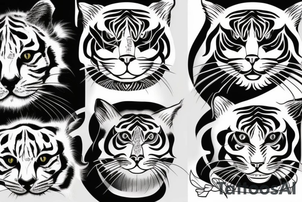 two faces of cats. one black and one with tiger fur. The faces should be arranged symmetrically. tattoo idea