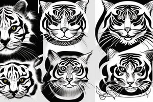 two faces of cats. one black and one with tiger fur. The faces should be arranged symmetrically. tattoo idea