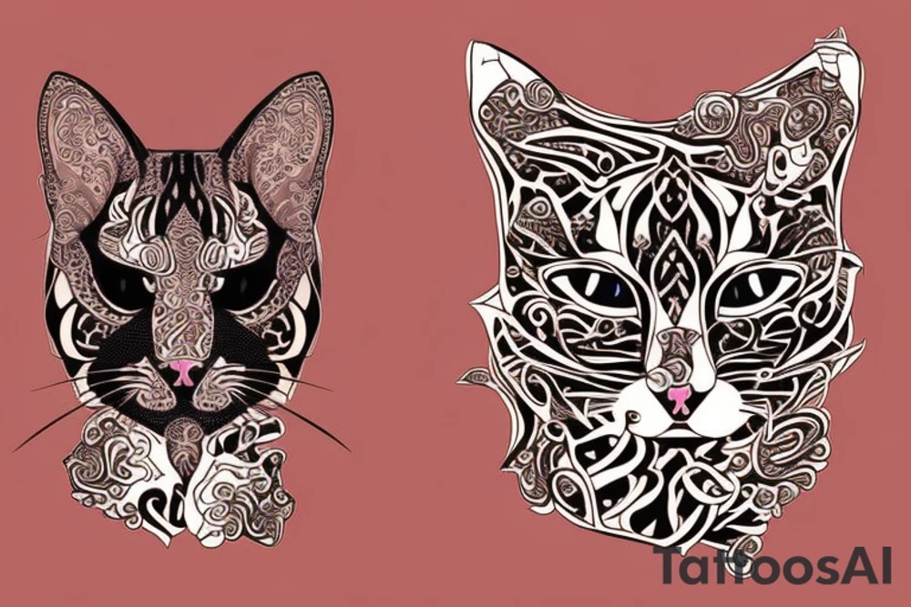 two faces of cats. one black and one with tiger fur. The faces should be arranged symmetrically. tattoo idea