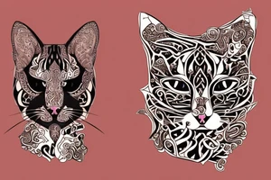 two faces of cats. one black and one with tiger fur. The faces should be arranged symmetrically. tattoo idea