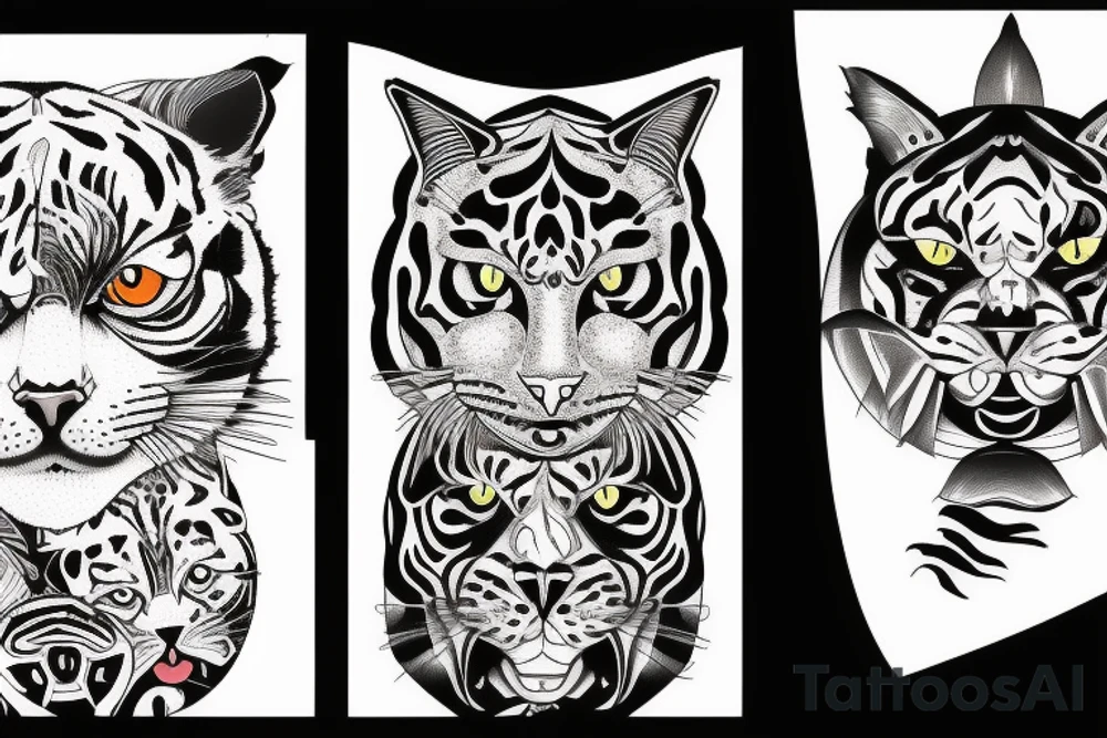 two faces of cats. one black and one with tiger fur. The faces should be arranged symmetrically. tattoo idea