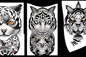 two faces of cats. one black and one with tiger fur. The faces should be arranged symmetrically. tattoo idea