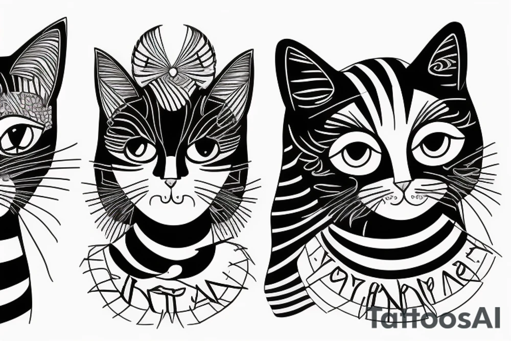 two faces of cats. one completly black and one with striped coat. The faces should be arranged symmetrically. tattoo idea