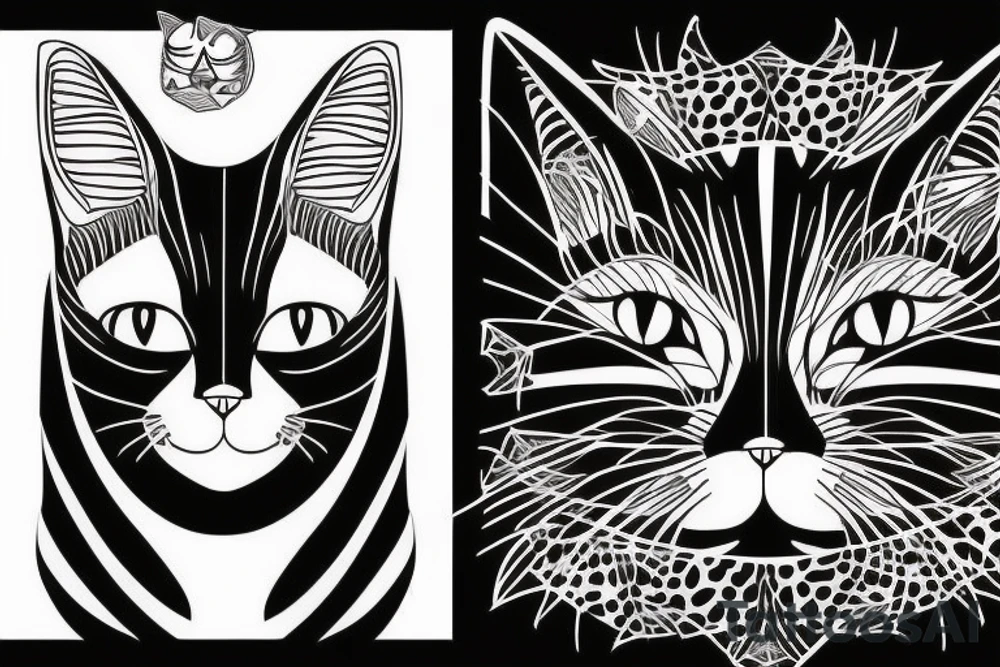 two faces of cats. one completly black and one with striped coat. The faces should be arranged symmetrically. tattoo idea