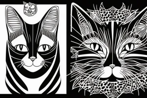 two faces of cats. one completly black and one with striped coat. The faces should be arranged symmetrically. tattoo idea