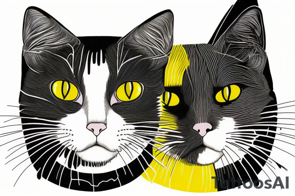 two faces of cats. one completly black and one with striped coat. The faces should be arranged symmetrically. Both faces have yellow eyes tattoo idea