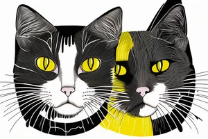 two faces of cats. one completly black and one with striped coat. The faces should be arranged symmetrically. Both faces have yellow eyes tattoo idea