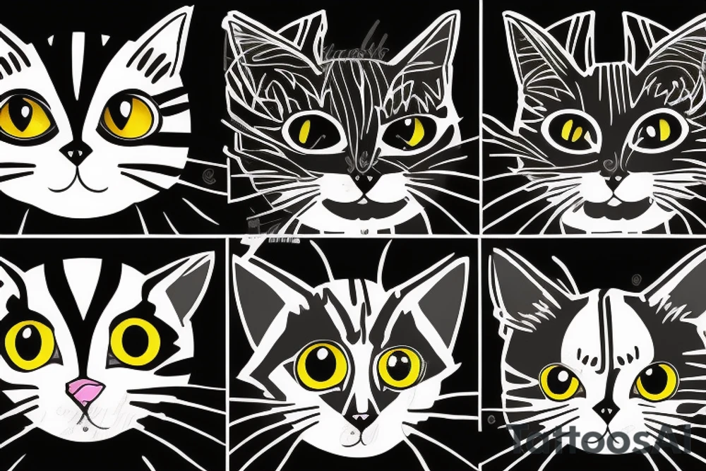 two faces of cats. one completly black and one with striped coat. The faces should be arranged symmetrically. Both faces have yellow eyes tattoo idea