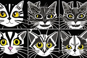 two faces of cats. one completly black and one with striped coat. The faces should be arranged symmetrically. Both faces have yellow eyes tattoo idea