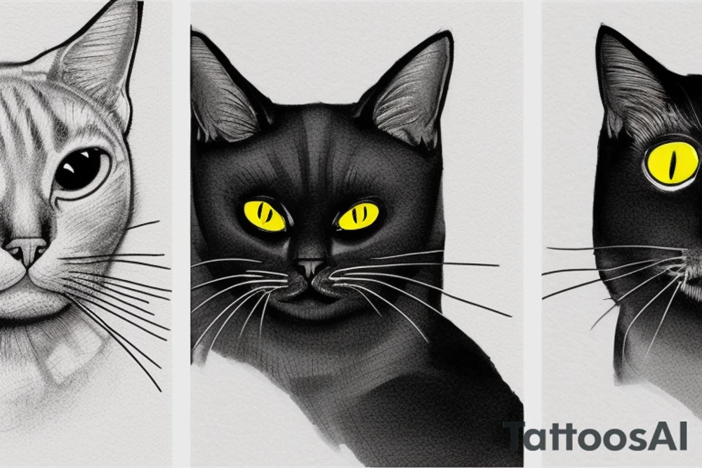 two faces of cats. one completly black and one with striped coat. The faces should be arranged symmetrically. Both faces have yellow eyes. Both cats are british shorthair tattoo idea