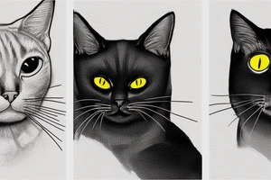 two faces of cats. one completly black and one with striped coat. The faces should be arranged symmetrically. Both faces have yellow eyes. Both cats are british shorthair tattoo idea