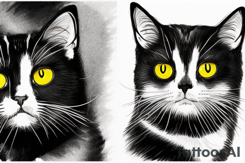 two faces of cats. one completly black and one with striped coat. The faces should be arranged symmetrically. Both faces have yellow eyes. Both cats are british shorthair tattoo idea