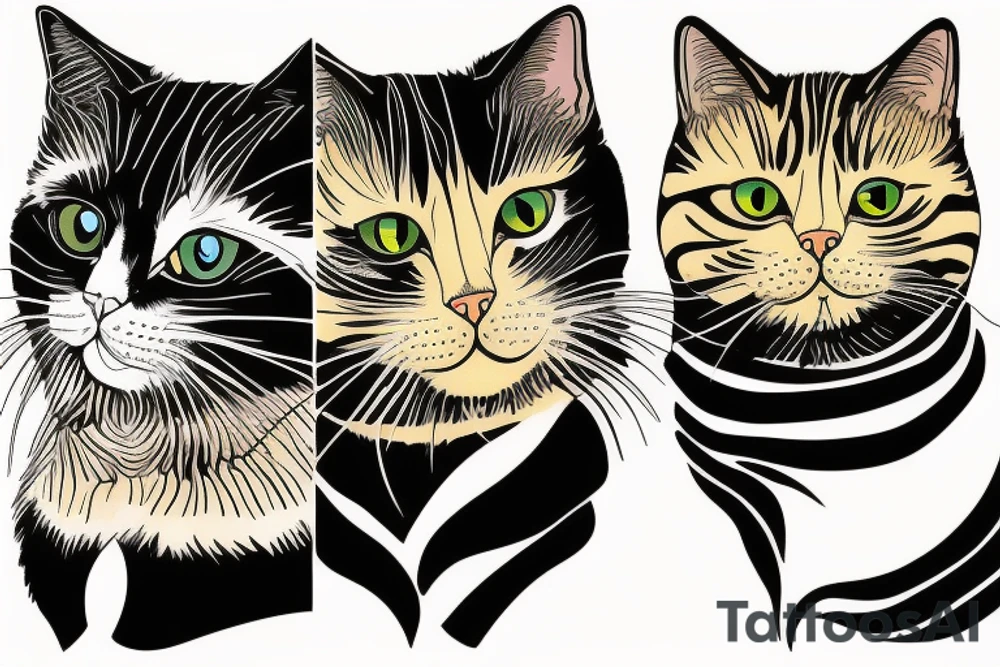 two faces of cats. one completly black and one with striped coat. The faces should be arranged next to each other. Both faces have yellow eyes. Both cats are british shorthair tattoo idea