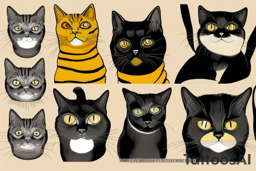 two faces of cats. one completly black and one with striped coat. The faces should be arranged next to each other. Both faces have yellow eyes. Both cats are british shorthair tattoo idea