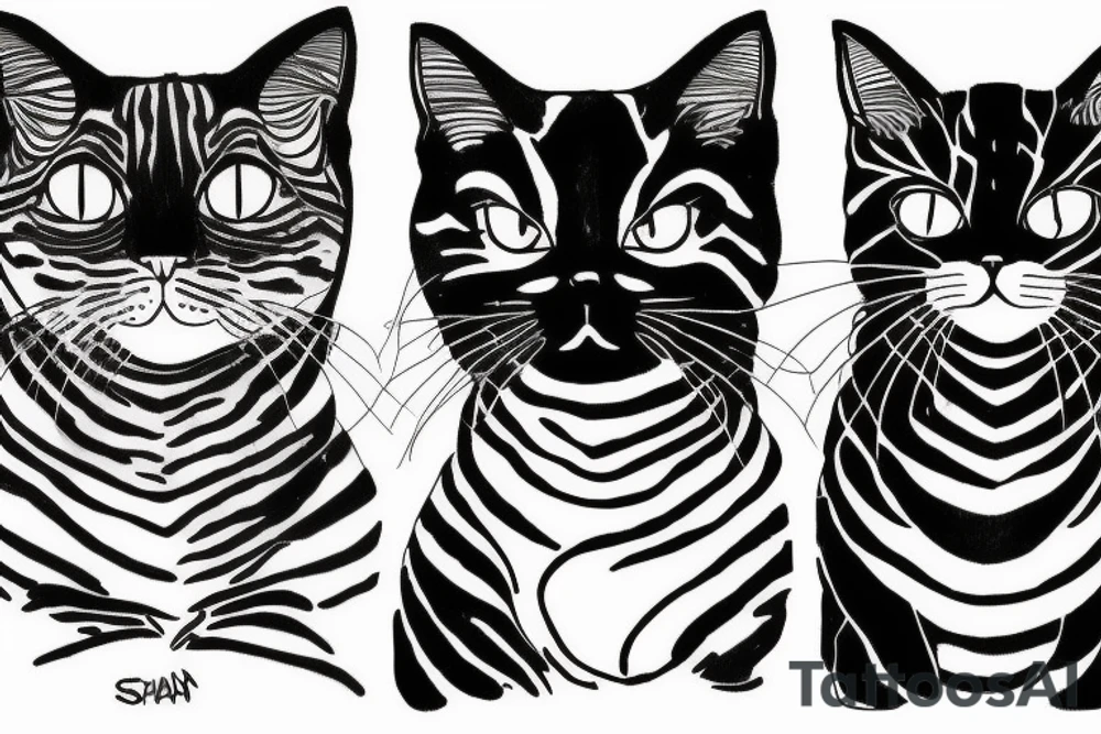 two faces of cats. one completly black and one with striped coat. The faces should be arranged next to each other.  Both cats are british shorthair tattoo idea