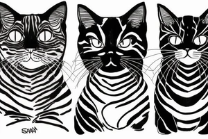 two faces of cats. one completly black and one with striped coat. The faces should be arranged next to each other.  Both cats are british shorthair tattoo idea