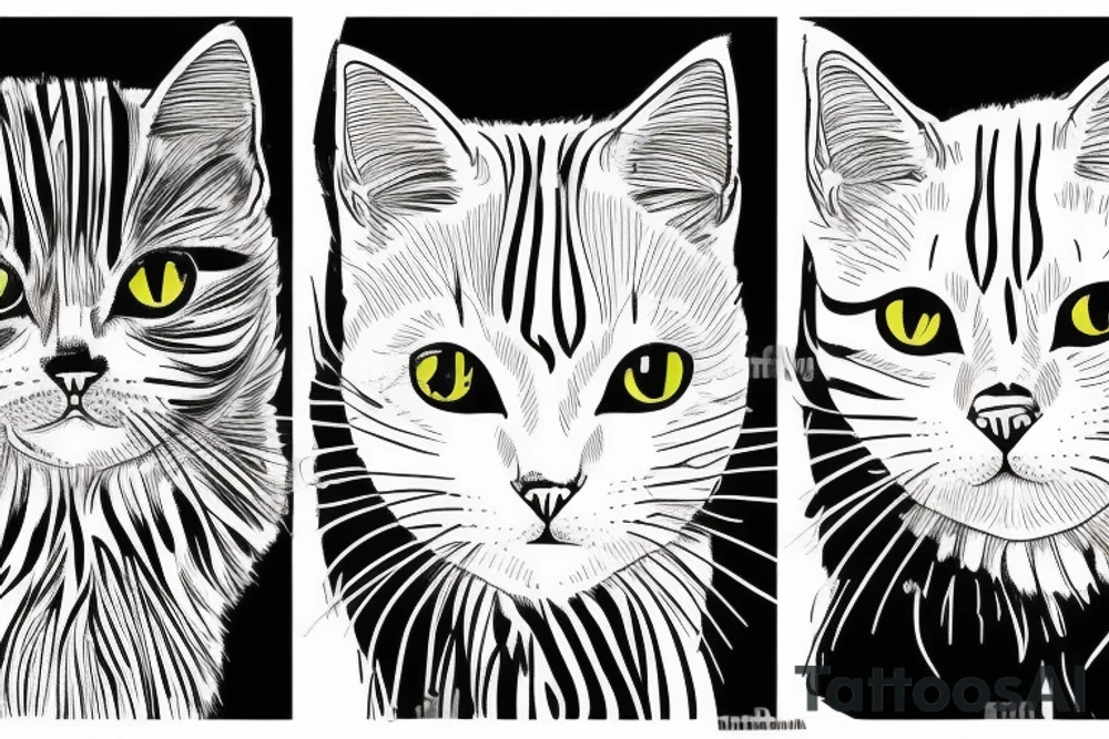 two faces of cats. one completly black and one with striped coat. The faces should be arranged next to each other.  Both cats are british shorthair tattoo idea
