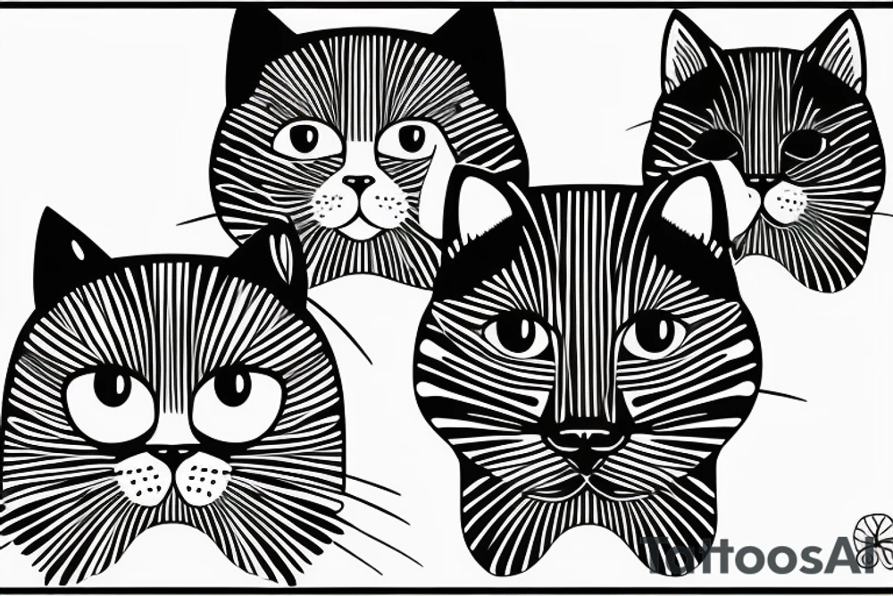 two faces of cats. one completly black and one with striped coat. The faces should be arranged next to each other.  Both cats are british shorthair tattoo idea
