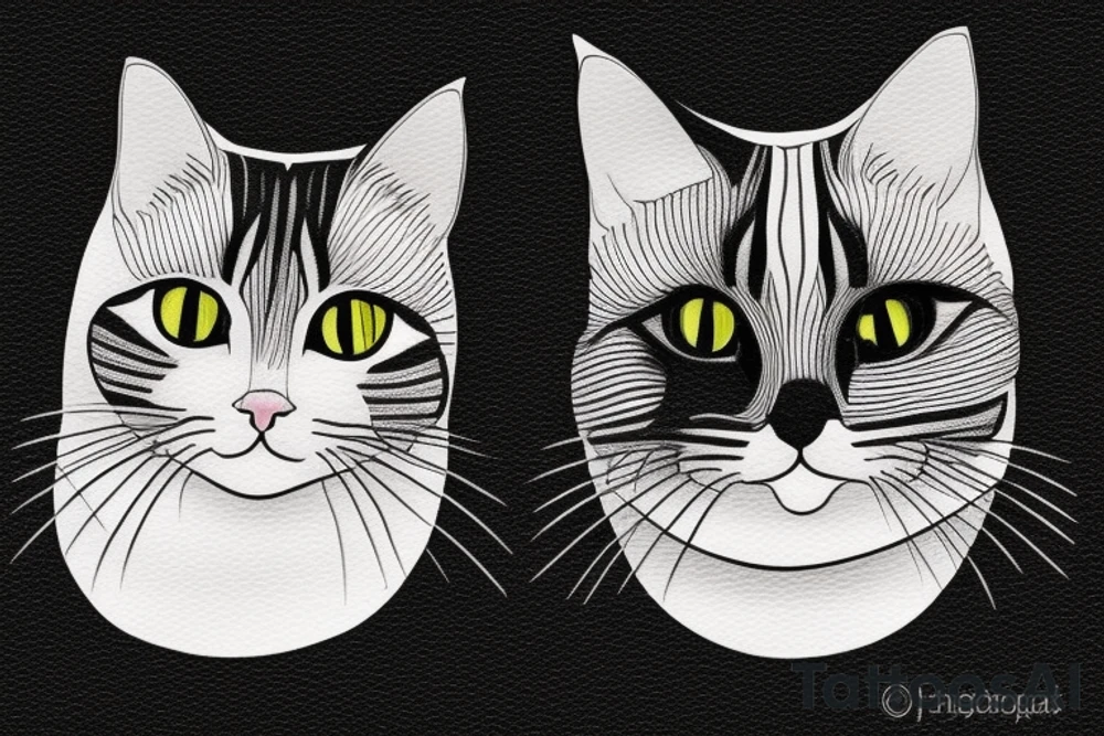two faces of cats. one completly black and one with striped coat. The faces should be arranged next to each other.  Both cats are british shorthair tattoo idea